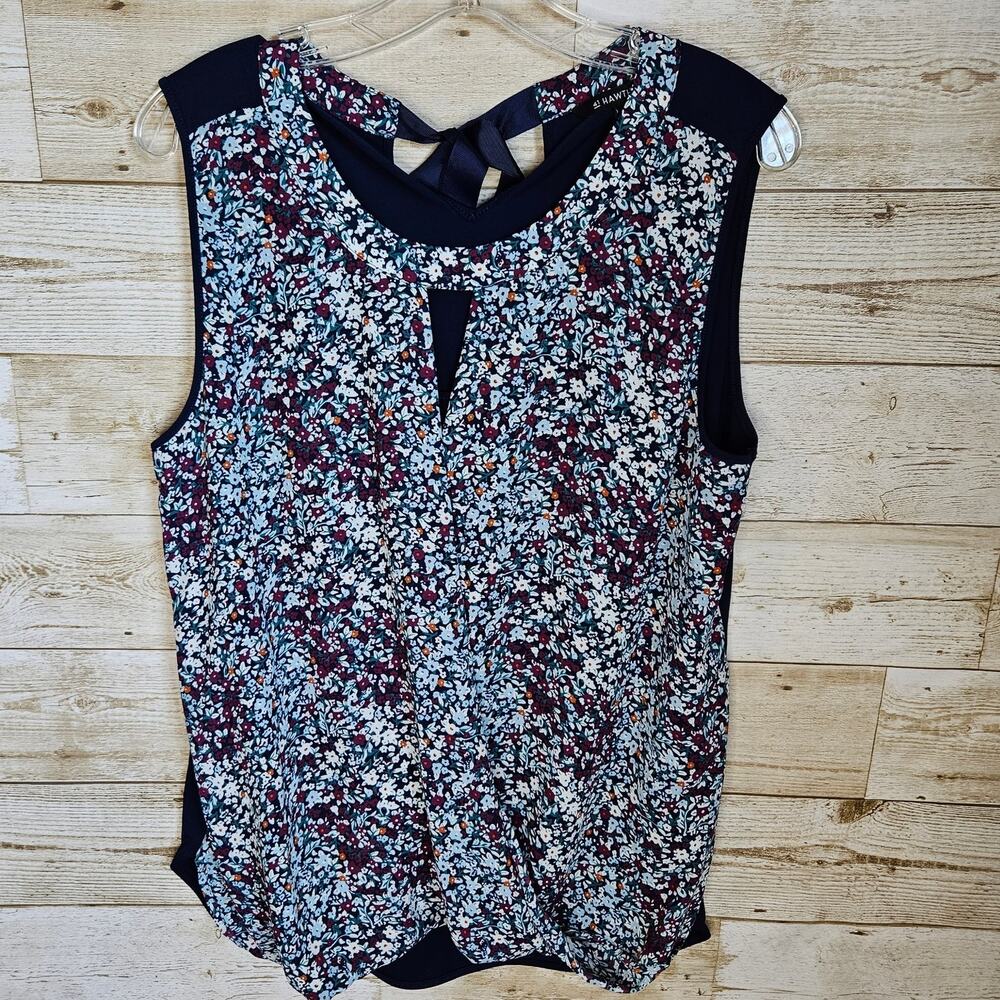 Surplice Blouse Size Large Floral Bow Lined Sleeveless Office Lightweight Navy
